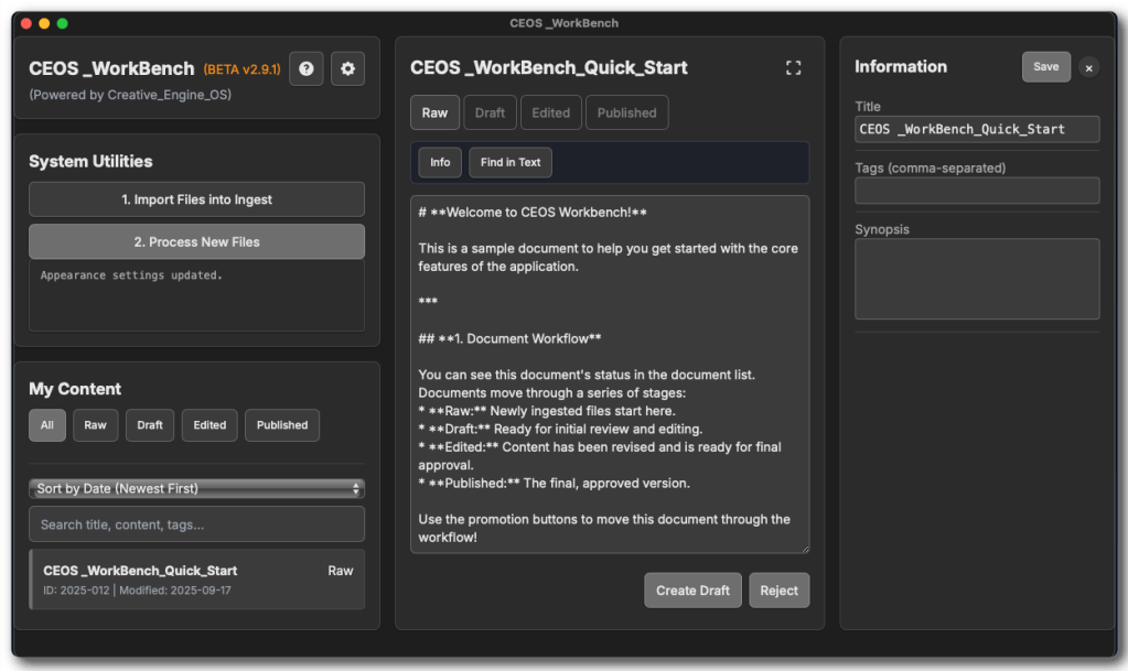A screenshot of the CEOS Workbench user interface, featuring a dark theme with blue and purple accents.